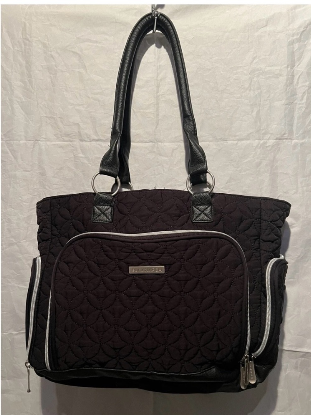 Bananfish Quilted Black Diaper Bag with Front Zip Pocket and side zip pockets